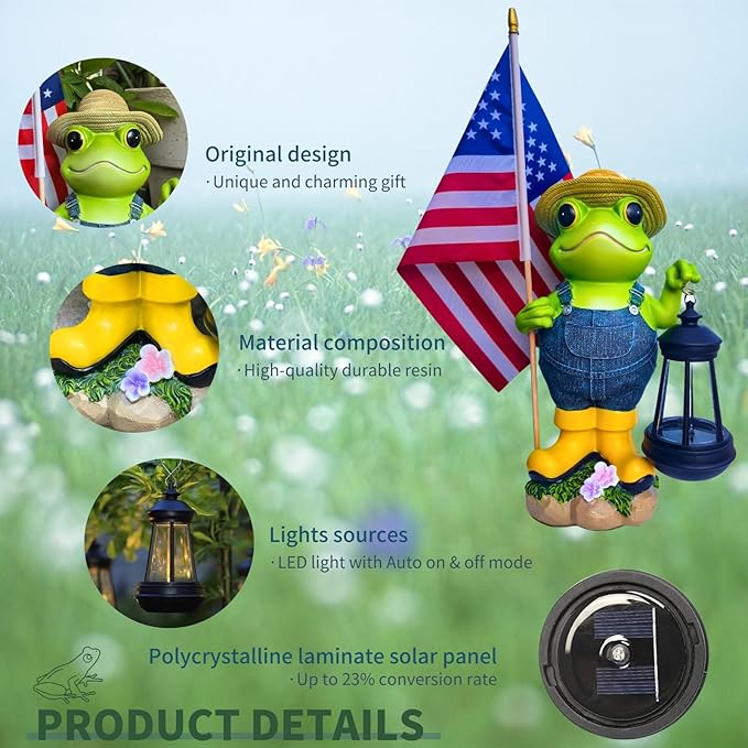 Garden Statues Frog with Solar Lantern, Outdoor Frog Figurine Decorations for Patio Yard Lawn Ornaments, Gifts for Mom/Grandma Birthday Housewarming