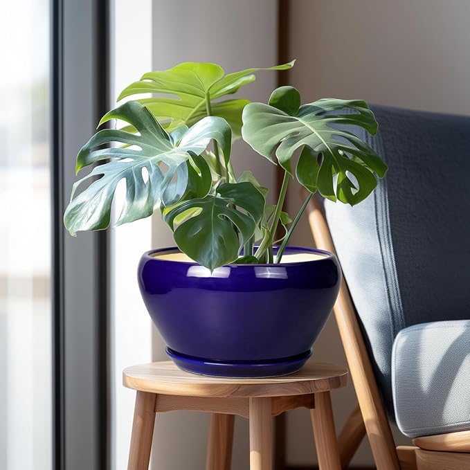 Ceramic Pot for Plants - 11 Inch Modern Round Indoor Planter with Drainage Hole and Planter Saucer for Flowers, Patio Office Home Room Decor, Gardening Gifts for Women & Men, Blue