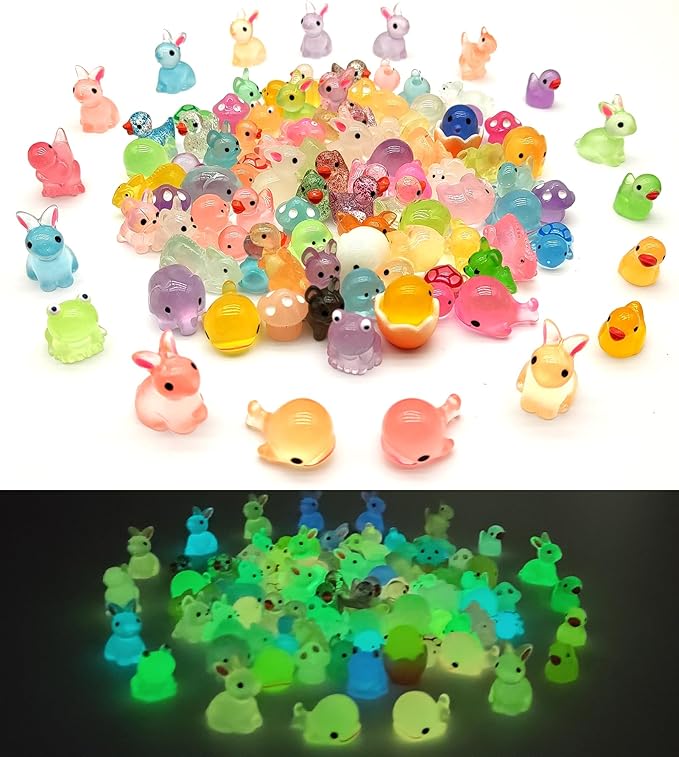 Mini Resin Animals Figures to Hide 100Packs Luminous Tiny ducks Dinosaurs Miniature Figurines Glow in The Dark for Fairy Garden Dollhouse Micro Landscape Aquarium Potted Party Favor Decor (100)