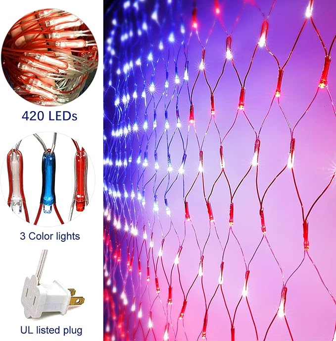 MUYUN American Flag String Lights, 420 LED USA Flag Net Light Waterproof Patriotic Lights for Party Home Decor July 4th Decorations Independence Day