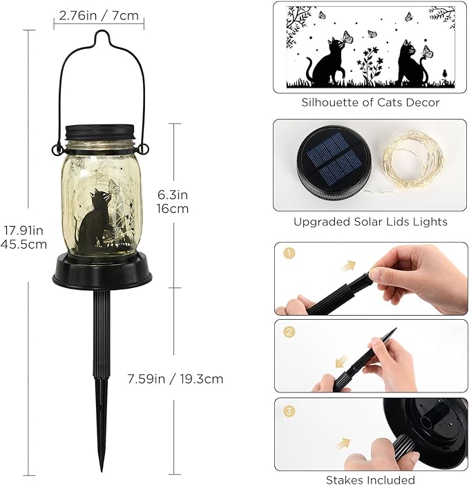 Christmas Garden Decor Cat Lover Gifts Cat Solar Lights, Christmas Gift for Mother/Grandma/Women,Cat Garden Gift, Yard Cat Gift, Lantern Decor, Patio Outdoor Waterproof Cat Solar Lanterns