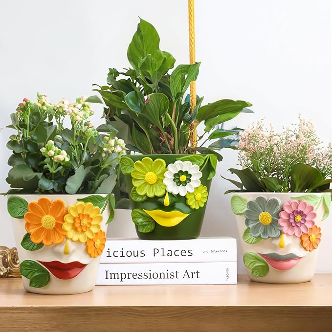GUGUGO Abstract Face Flower Planters Colorful Unique Rainbow Head Planter with Drainage, Cute Flower Plant pot for Indoor Plants, Eclectic Succulent Gardening Pot for Home Décor (Orange&Yellow, 5Inch)