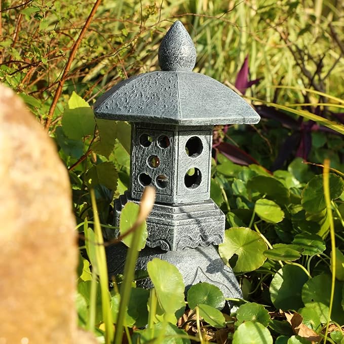 Pagoda Lantern Garden Statue with Solar Lotus Lights, Large Resin Japanese Temple Pagoda Lamp Asian Zen Outdoor Yard Decor for Landscape Patio Porch Lawn Decorations, Christmas Ornament Gift