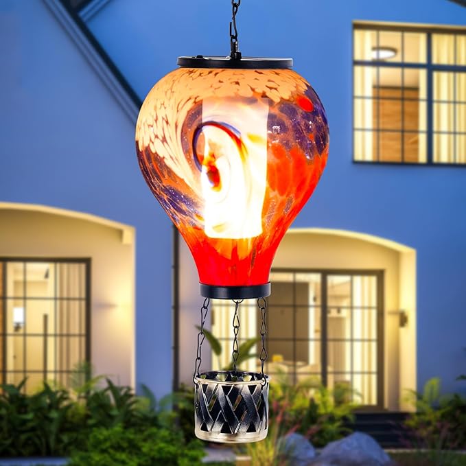 Starsoul Unique Hot Air Balloon Solar Lantern Glass Outdoor Hot Air Balloon Solar Flickering Flame Light Waterproof Hanging Solar Lantern with Big Basket for Garden Yard Patio Decor