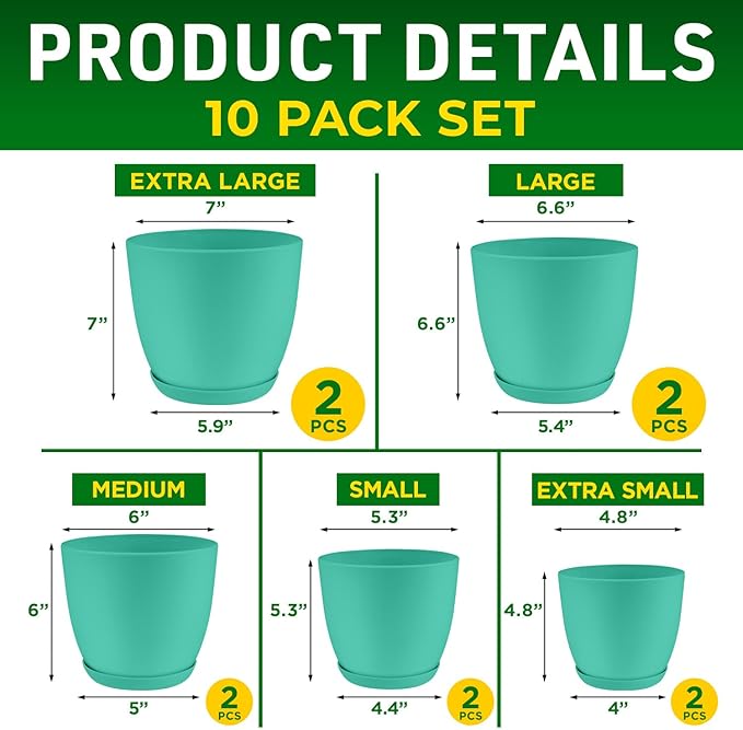 Planter Pots with Drainage Holes - Lightweight, Durable, and Space-Saving Pots for Indoor and Outdoor - Versatile Functionality, Simple Modern Design, Set of 10 Plastic Planter Pots - Aqua