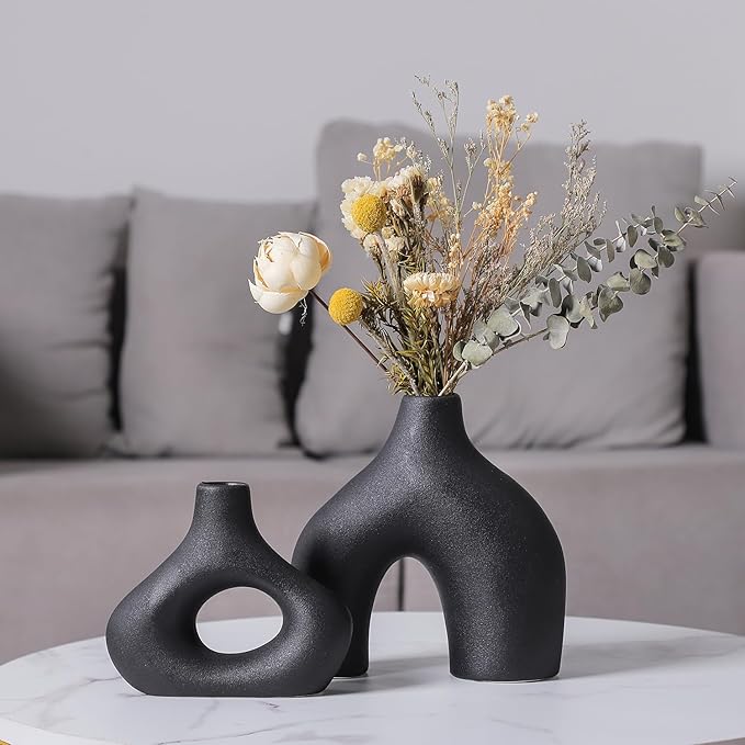 CEMABT Black Ceramic Vase Set of 2 for Modern Minimalist Bohemian Decor，Round Matte Donut Vases for Pampas Grass-Perfect for Living Room, Dining Table, Office Bedroom Shelf Decor Entryway, Console