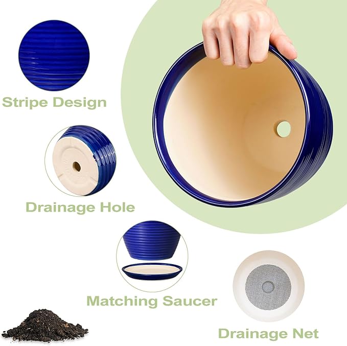 Ceramic Planter Pot - 8 Inch Plant Pot with Drainage Hole and Tray Round Planter Modern Flower Pot for Indoor Outdoor Plants Decorative Garden Pot Blue