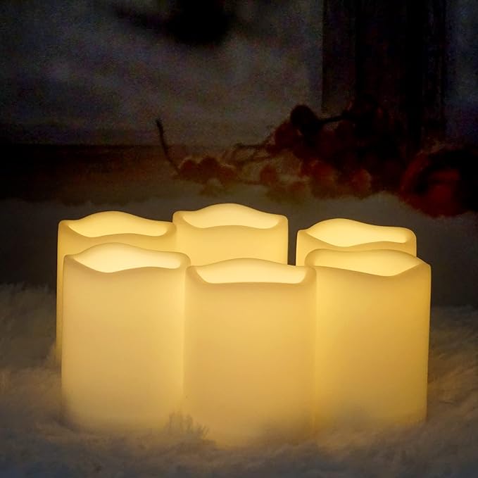 CANDLE CHOICE Waterproof Outdoor Battery Operated Flameless Candles Remote Timer White Plastic Realistic Flickering Fake Electric LED Pillars Lantern Garden Wedding Christmas Decorations 3”x4” 6 Pack