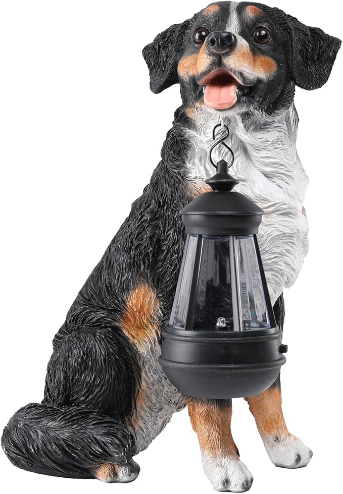 Afirst Dog Garden Statue - Outdoor Decor with Solar Lantern Lovely Bernese Mountain Dog Figurine Patio Lawn Yard Art Ornaments Housewarming Gift