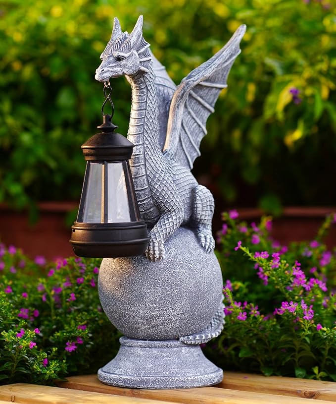 Solar Dragon Garden Statue for Outdoor Decor: Outside Sculpture Ornament for Yard Lawn Balcony Patio Porch- Unique Birthday Gift for Lover Mom Women Grandma