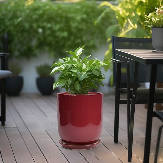 Ceramic Planter for Plants - 10 Inch Plant Pot Indoor with Drainage Hole and Saucer Modern Large Outdoor Planter Flower Pot for Home Decor Red