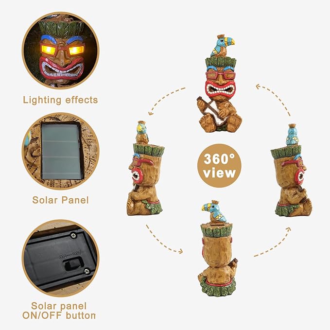 Solar Tiki Statue Decor-Outdoor Statues-Funny Guitar - Tiki Bird Tiki Bar Decorations 11.69 inch Tall for Outdoor Patio, Balcony, Yard, Backyard,Lawn,Tiki Gifts