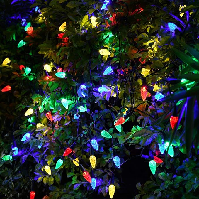 2 Pack Solar Christmas Lights Outdoor C6 Strawberry String Lights, LED Christmas Fairy Lights 50 LEDs Solar Operated Rechargeable Garden Lights for Christmas Tree, Holiday, Arbor Decor(Multicolor)