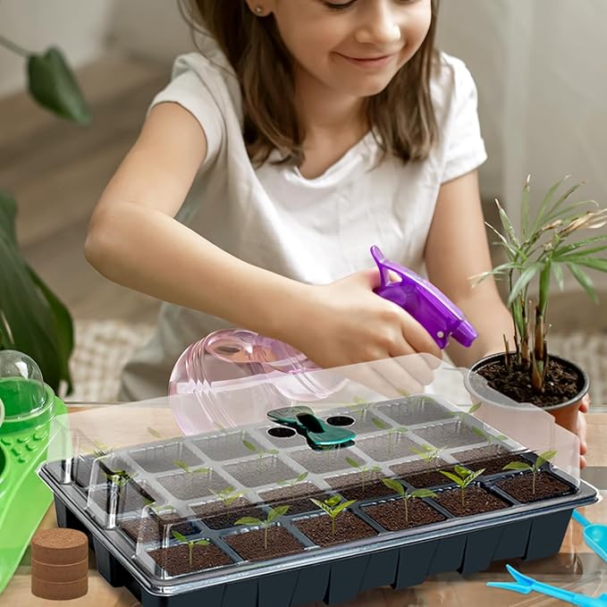 Halatool Seed Starter Kit, 2 Pack Seed Starter Trays with 50 Pcs Coco pellets and 2 Garden Tools & 100 Plant Labels, Greenhouse Indoor Seed Germination System for Herbs, Vegetables and Flowers (Black)