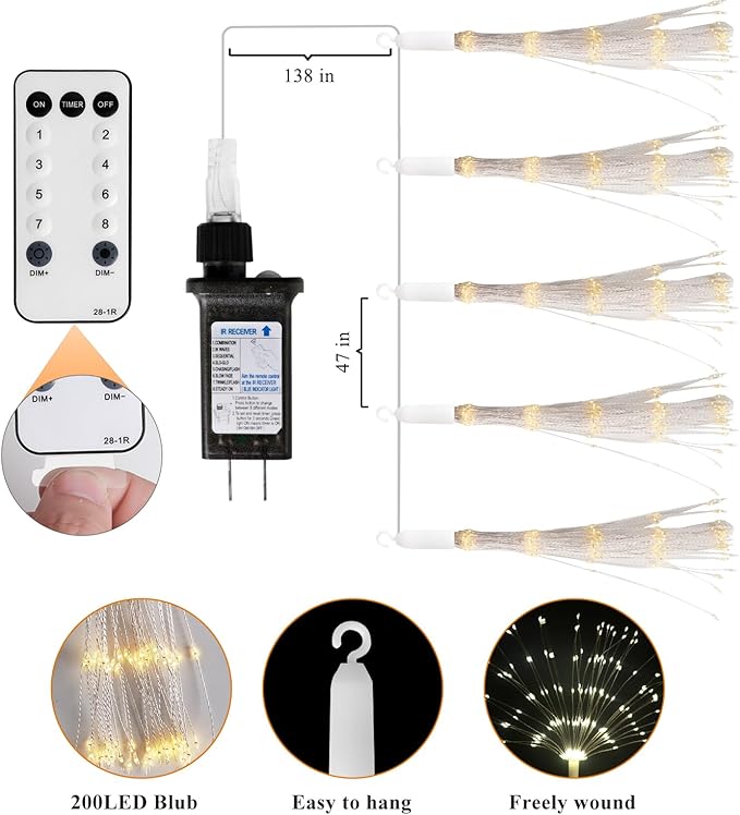 5 Pack Firework String Lights Christmas Lights, 200 LED 8 Modes Hanging Starburst Lights for PartyGarden Decoration (Warm White)