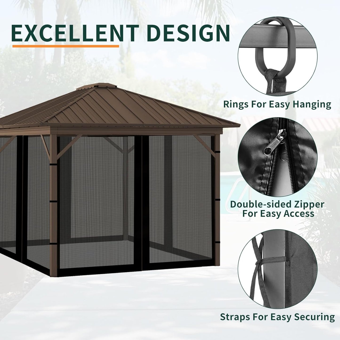 10x13FT Mosquito Netting for Gazebo,Pergola,Pop up Canopy Tent,4-Panel with Zipper for Outdoor Patio,Backyard (Black,Mosquito Net Only)