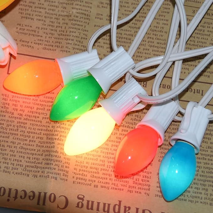 25Ft C7 Vintage Christmas Lights Multicolor - 27 Colorful Ceramic Bulbs, Hanging Outdoor for Tree, Party, Prom, Wedding, Holiday, Patio Decor - White Wire