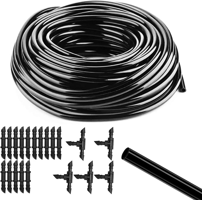 Drip Irrigation Tubing 100 Feet 1/4 drip Irrigation Drip Line Irrigation Hose with 5 Pcs 4/7 Drip Irrigation Tees, 15 Pcs 4/7 Straight, Drip Irrigation Kit (100FT)