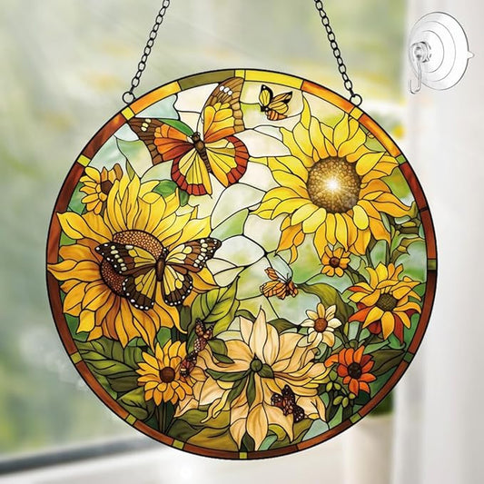 Sunflower Decor Suncatcher Stained Glass Window Hanging - Butterfly Stained Glass Suncatchers for Windows - Sun Catchers Indoor Window with Chain and Hook - Sunflower Gifts for Women Mom Teacher Gift