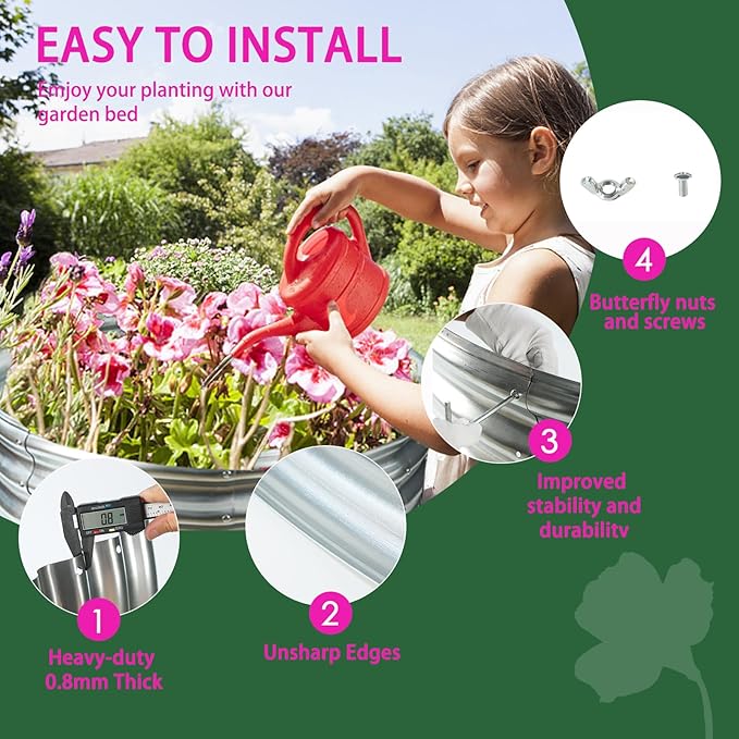 Durable Round Galvanized Steel Raised Garden Bed for Planting,Round Galvanized Steel Fire Ring/Fir Pit 32-Inch for Outdoor,0.8MM Thick (32 ins Diameter x 12 ins high, Silver)