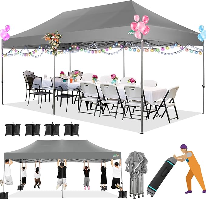 COBIZI 10x20 Heavy Duty Pop up Canopy Tent Easy Up Commercial Outdoor Canopy Wedding Party Tents for Parties All Season Wind & Waterproof Gazebo with Roller Bag,Grey(Frame Thickened)