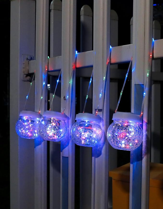 Solar Lantern Solar Lights Outdoor Waterproof 6-Pack, Solar Powered Hanging Lights Cracked Glass Hanging Globes for Christmas Decoration, Shepherd Hook, Garden Tree Ornaments,White Cap, Multi-Color
