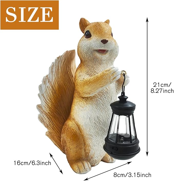 Solar Garden Squirrel Decor Statue Fairy Garden Accessories Outdoor Figurine LED Lights Art Housewarming Gift for Patio Yard Lawn Ornament Cute Animal Decoration