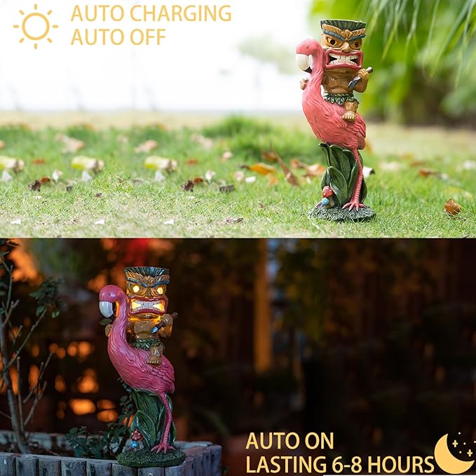 Solar Tiki Statue - Outdoor Statue - Solar Powered Garden Figurine Tiki Decoration for Bar, Patio, Balcony, Yard, Lawn, Table, Riding a Flamingo 13.66 Inches Tall