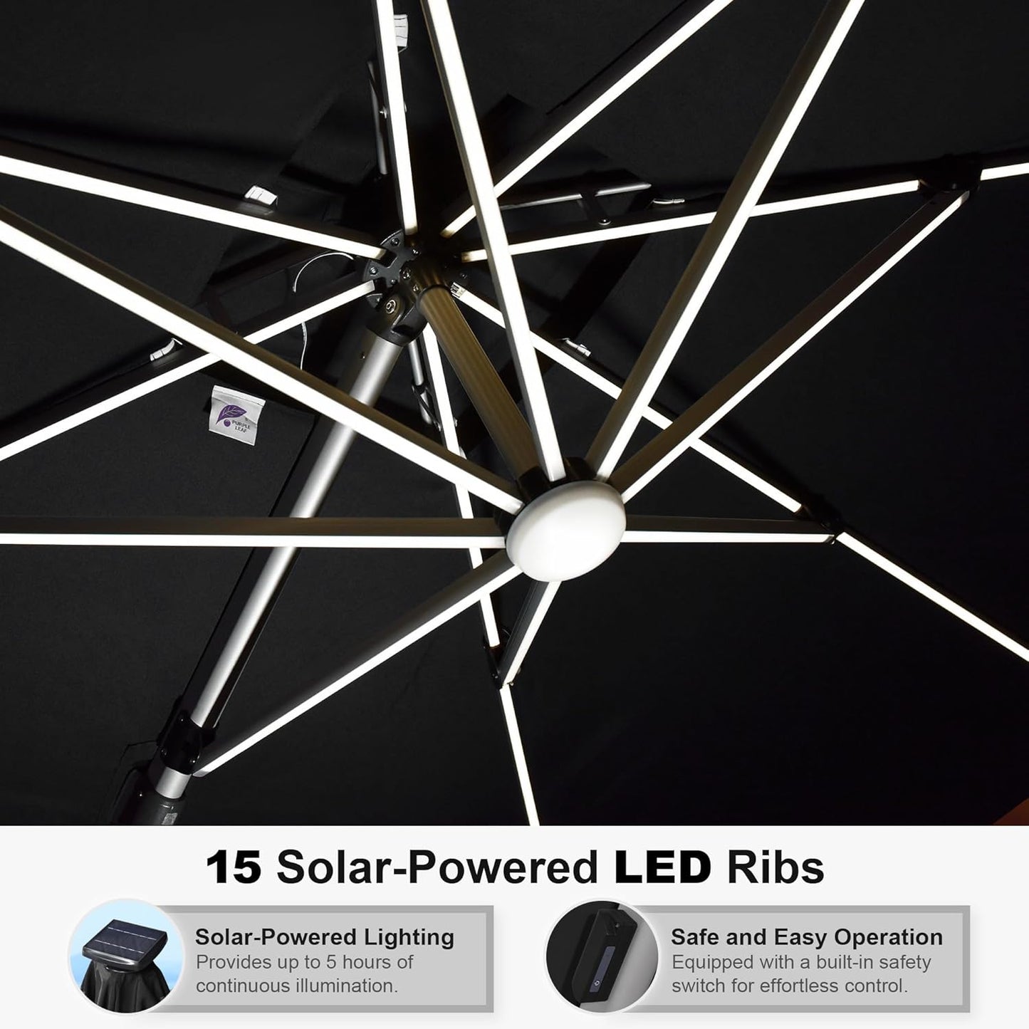 PURPLE LEAF 9' X 12' Double Top Deluxe Solar Powered LED Rectangle Patio Umbrella Offset Hanging Umbrella Outdoor Market Umbrella Garden Umbrella, Black