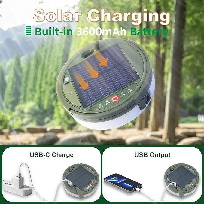 Solar Camping String Lights, 39.4FT Portable Waterproof Camping Light with 8 Lighting Modes, Solar Powered and USB Rechargeable Tent Lantern with Remote Control for Camping, Yard, Garden and Hiking