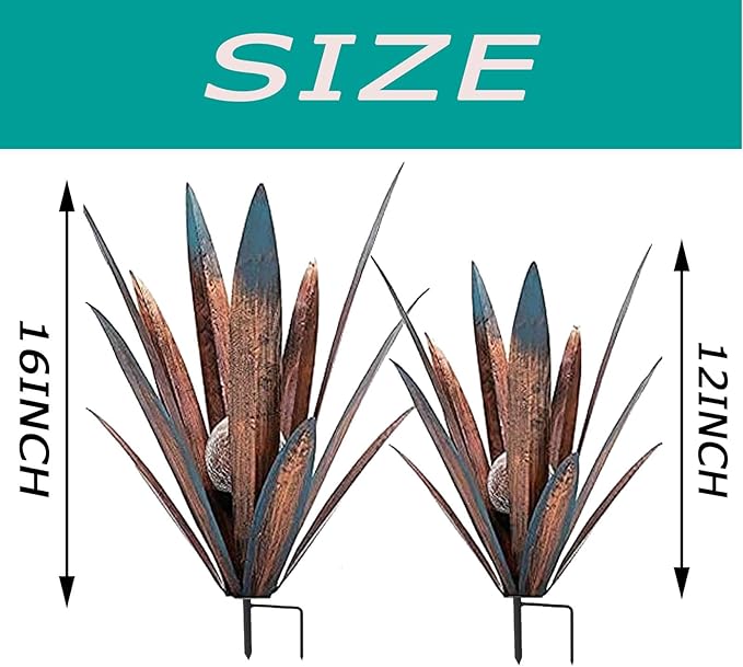 2 PCS Metal Agave Sculpture Decoration, Vintage Country Hand-Painted Sculpture DIY Metal Agave Plant, Home Garden Courtyard Lawn Outdoor Decoration (2PCS-LED)
