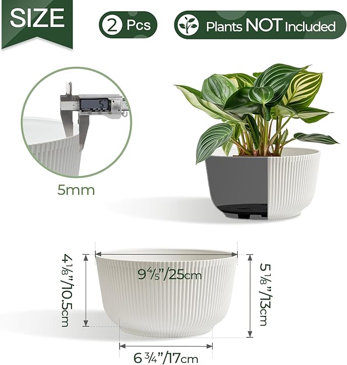 T4U 10 Inch Self Watering Pots for Indoor Plants, Plastic Plant Pots with Drainage Hole, Large Flower Pots for Indoor Outdoor Plants Cactus, Garden, Set of 2, White