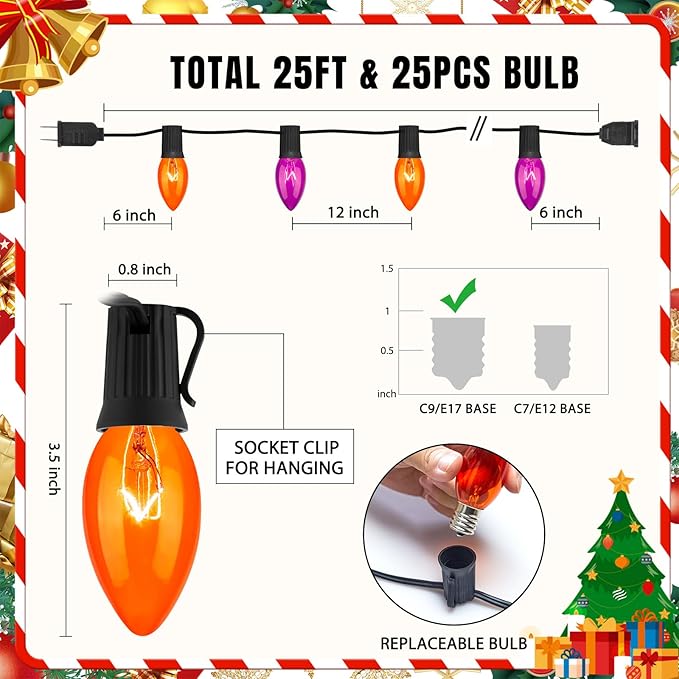 C9 Halloween Lights, Orange and Purple Halloween String Lights, Waterproof Halloween Lights for Outdoor Indoor Xmas Roofline Decor, Black Wire, 25 Feet