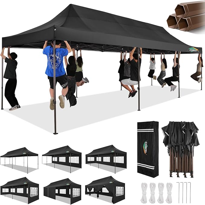 COBIZI 10x30 Pop Up Canopy Tent Heavy Duty with 8 Removable Sidewalls, Commercial Portable Tents for Parties Ez Up Canopy All-Weather Windproof & Waterproof and UPF 80+ Wedding Tent Sun Shelter