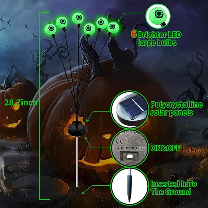 Aogist Halloween Decorations Eyeball Swaying Firefly Light Bright Long Standby Time Waterproof Outdoor Lights for Beautiful Spaces Garden Yard Lawn Pathway Porch Party Decor (Green, 2 Pack-12 LEDs)