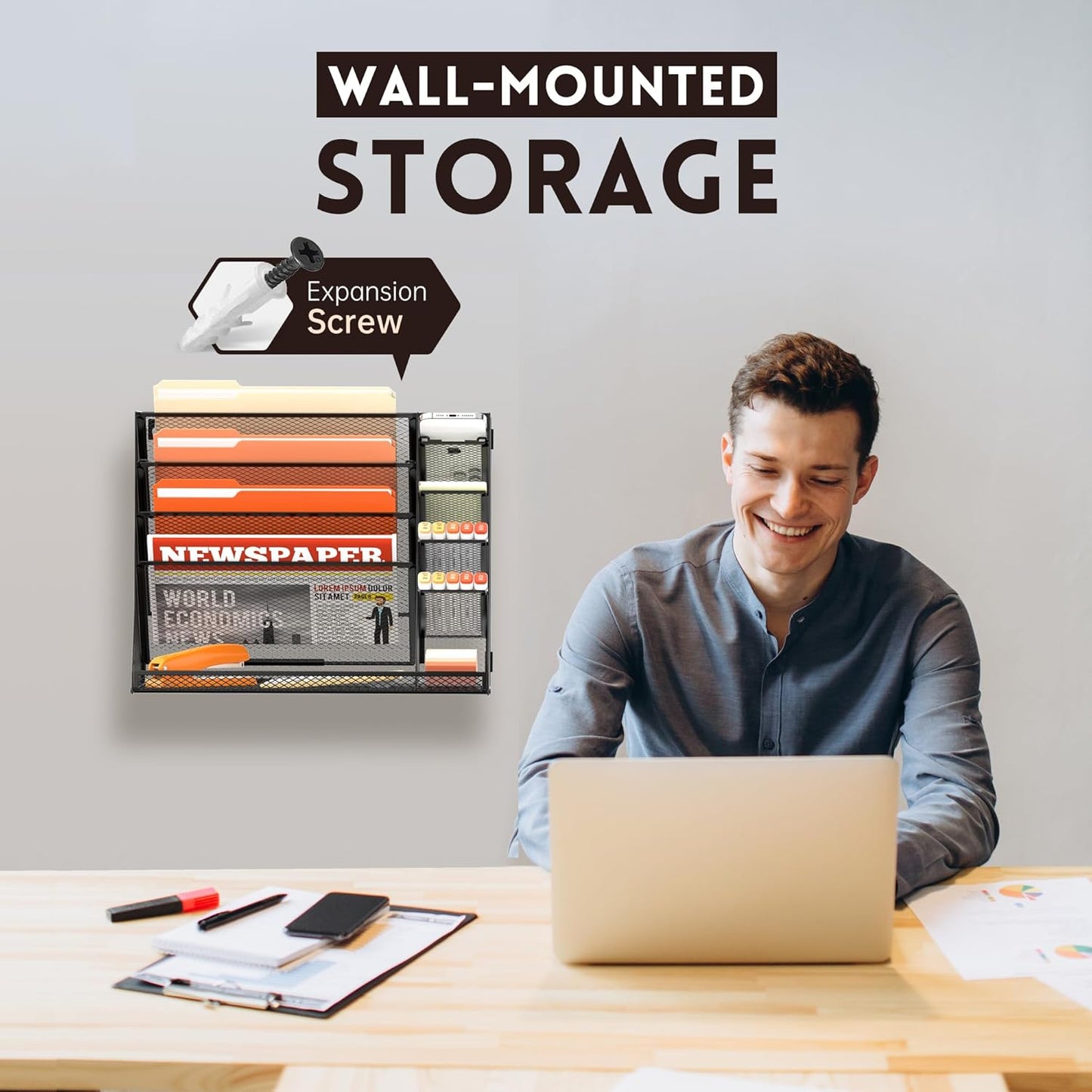 SUPEASY Wall File Organizer, 5-Tier Desk Organizer with 4 Pen Holders, Wall Organizer for Office with R-shaped Bottom Tray, Desk Organizers and Accessories for Office Supplies, Black