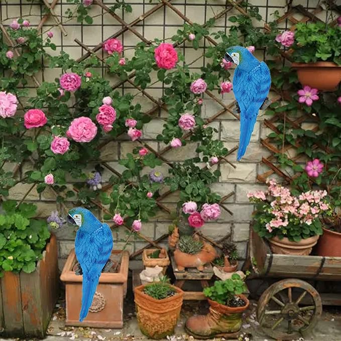 12inch Blue Parrot Tiki Bar Statue for Pool Decorations, Outdoor Parrot Deck Decor, Resin Plastic Parrot Sculpture for Porch, Life Size Tropical Birds for Yard, Tree Faces Animals(Blue)