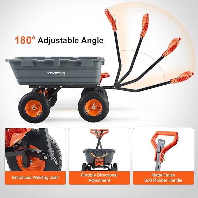 VEVOR 1200lbs 7Cu.Ft. Garden Dump Cart with 2-in-1 Convertible Handle and 13in All Terrain Wheels, Heavy Duty Poly Yard Dump Wagon Utility ATV Trailer Dump Cart Tow Behind for Lawn Mower Tractor