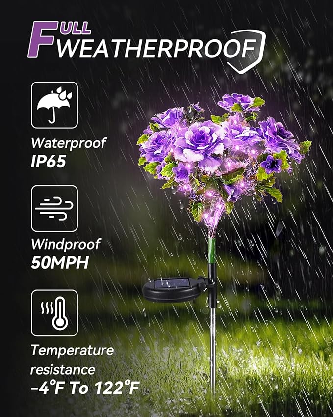 Neporal Solar Light Outdoor - 2 Pack Solar Garden Lights with Purple Carnation Solar Flowers, Solar Lights Outdoor Waterproof IP65, Solar Outdoor Lights Decorative for Outdoor Garden Decoration