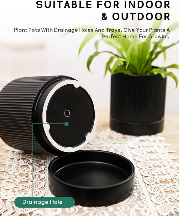 LaDoVita 3 Pack Ceramic Plant Pots 6/5/4 inch, Flowerpot for Indoor Plants with Drainage Holes and Tray, Outdoor Garden Planters, Modern Decorative for Home, Black Vertical Stripes