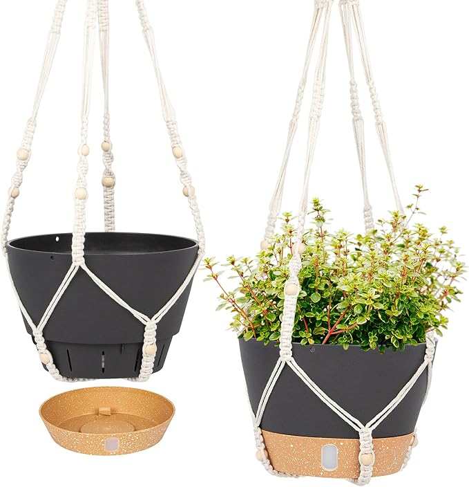 QCQHDU 2 Pack Hanging Planters for Indoor Plants, Outdoor Hanging Baskets, Self Watering Pots with Drainage Holes & Removable Tray (Dark Grey, 10 inch, Macrame Hanger)