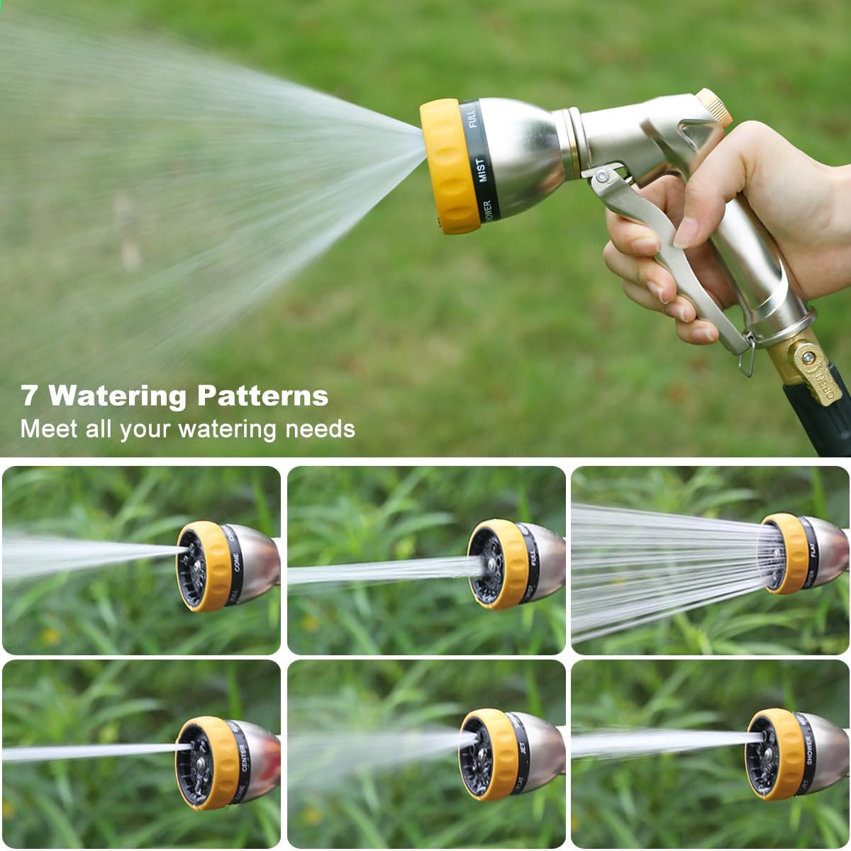 FANHAO Garden Hose Nozzle Sprayer, 100% Heavy Duty Metal Water Hose Sprayer with 7 Spray Patterns, High Pressure Spray Nozzle for Watering Plants & Lawns, Washing Cars & Pets