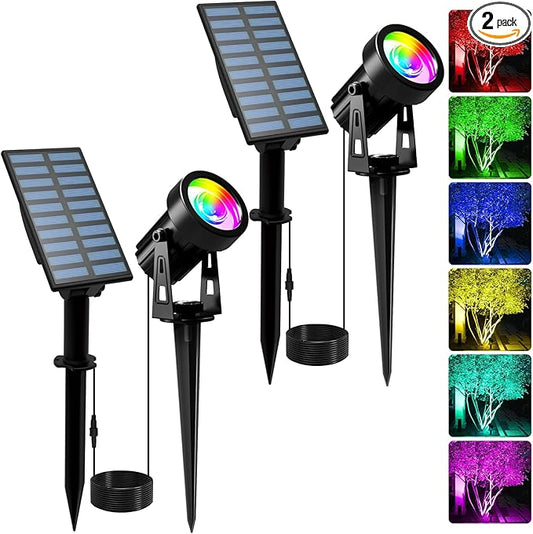 T-SUNUS Color Changing Solar Landscape Spotlights 2 Pack, IP65 Waterproof Lights 9.8ft Cable, Outdoor RGB Spot Light With Separated Panel for Yard Garden Driveway Porch Walkway Pool Patio