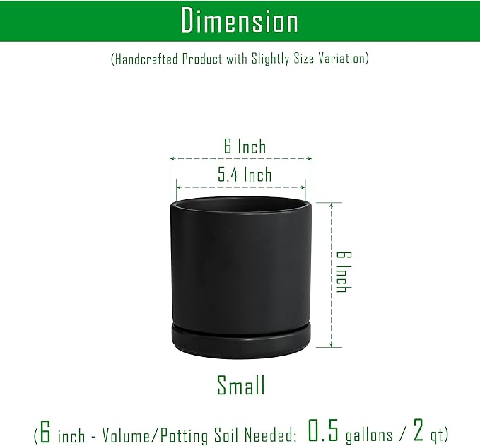 D'vine Dev Set of 2 Plants Pots, 6 Inch Ceramic Planter Pot for Plants with Drainage Hole and Saucer, Black, 94-V-C-2