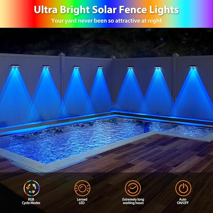 Solar Fence Lights,RGB & Warm White & 6 Colors Bright Lens LED Dusk to Dawn Deck Light Outdoor Waterproof, Solar Outdoor Lights for Backyard/Railing/Wall/Step/Patio/Pool (16Pack)