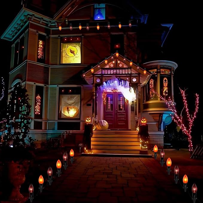 C9 Halloween Pathway Lights Outdoor, 19.5Ft Marker String With Orange and Black Stakes, Walkway Lights for Lawn Yard Sidewalk Garden Decoration