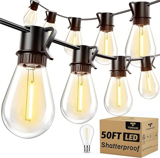 Torkase 50FT Outdoor String Lights LED, S14 Shatterproof Bulbs (15+1), Waterproof Dimmable Patio Lights for Backyard, Porch, Garden - Connectable Commercial Grade