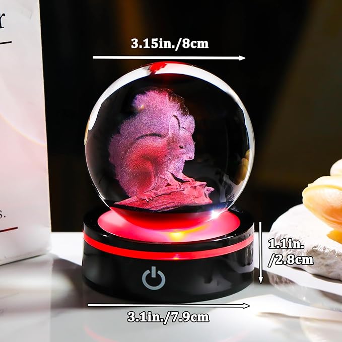 YWHL 3D Squirrel Figurine Crystal Ball with Colorful Light Base, Squirrel Gifts for Women Men on Christmas Birthday, 3D Laser Engraved Squirrel Ornament Glass Decorative Ball for Home Decor (80mm)