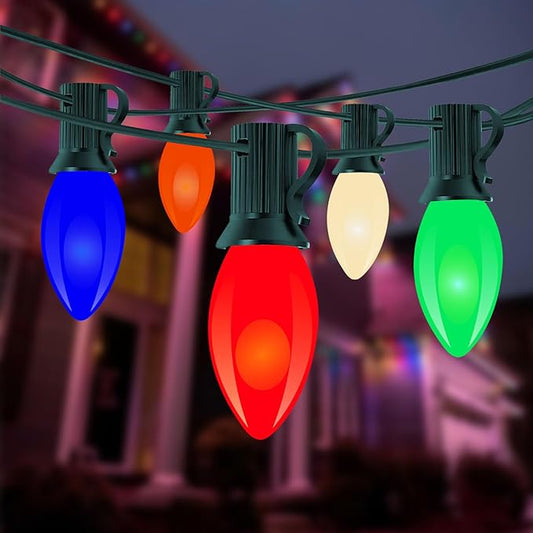 Vintage C9 LED Christmas Lights Outdoor, 25 Feet C9 Multicolor Christmas String Lights with 26 LED Bulbs for Indoor Christmas Tree Roofline Holiday Party Garden Patio Backyard Cafe Xmas Decoration