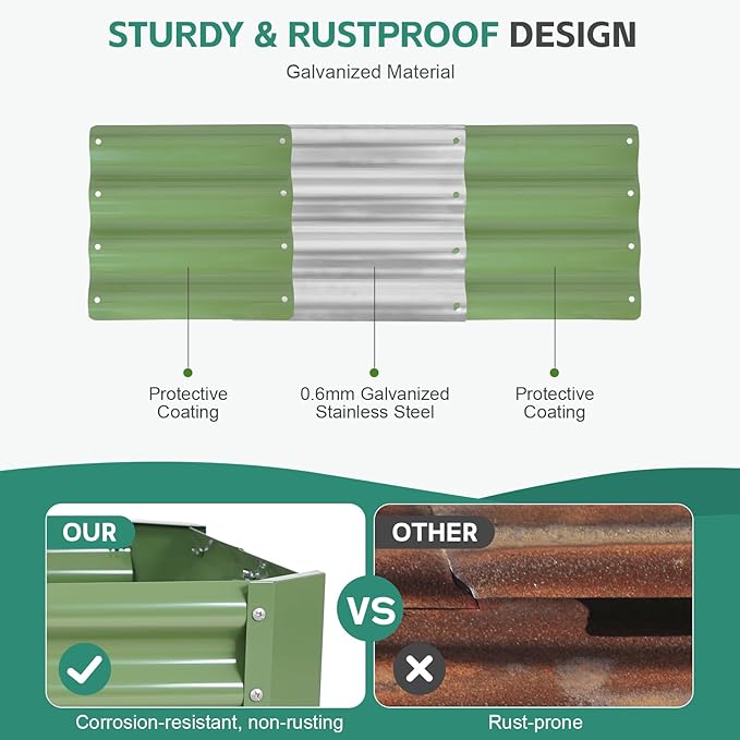 Galvanized Raised Garden Bed - 4x2x1ft Metal Garden Planter Box Outdoor | Steel Raised Bed Kit with Bracing Rods, Gloves for Gardening Vegetables Fruits and Flowers (Oliver Green)